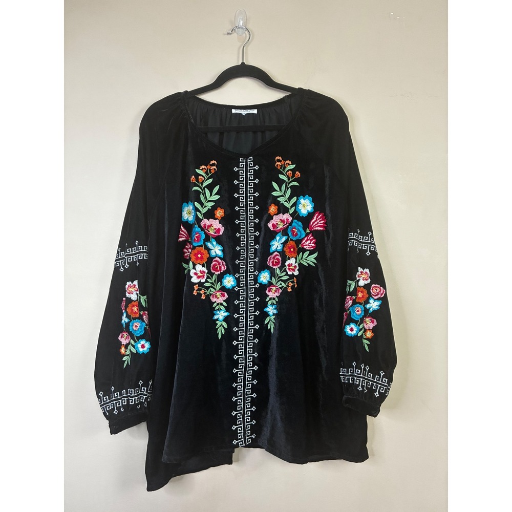 NorthStyle Womens Black Velvet Floral Embroidered Tunic Boho Peasant Top XL